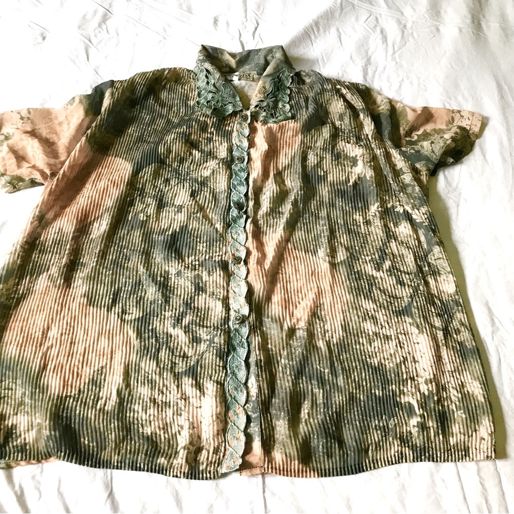 Louida Fashion Short Sleeve Button Down Casual Crinkle Shirt Peach/Green Size XL